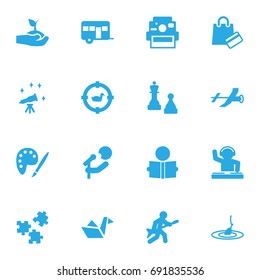 Set Of 16 Hobbie Icons Set.Collection Of Disco, Drawing, Checkmate And Other Elements.