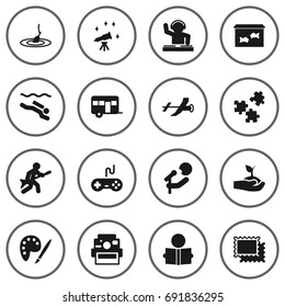 Set Of 16 Hobbie Icons Set.Collection Of Rod, Frogman, Drawing And Other Elements.