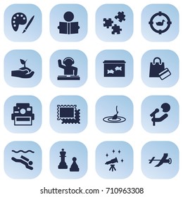 Set Of 16 Hobbie Icons Set.Collection Of Fish, Disco, Flying And Other Elements.