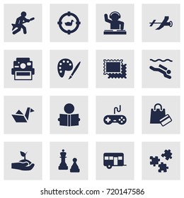 Set Of 16 Hobbie Icons Set.Collection Of Frogman, Plant, Jigsaw And Other Elements.