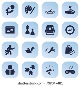 Set Of 16 Hobbie Icons Set.Collection Of Rod, Fish, Payment And Other Elements.