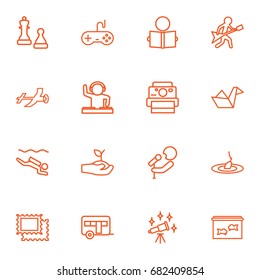 Set Of 16 Hobbie Outline Icons Set.Collection Of Guitar, Video Game, Gardening And Other Elements.