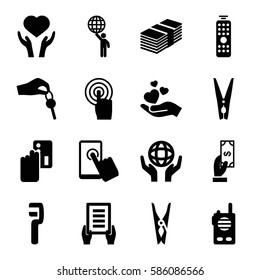Set of 16 hold filled icons such as Payment, cloth pin, holding document, clamp, heart on hand, holding globe, touchscreen, hand with key, remote control