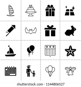 Set of 16 holiday filled and outline icons such as rabbit, shine, calendar, father and son, predent, baloon, fireworks, starfish, gift, sailboat, balloon, bat, christmas bell