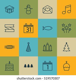 Set Of 16 Holiday Icons. Can Be Used For Web, Mobile, UI And Infographic Design. Includes Elements Such As Agenda, Tree, Winter And More.