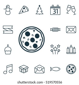 Set Of 16 Holiday Icons. Can Be Used For Web, Mobile, UI And Infographic Design. Includes Elements Such As Envelope, Food, Muffin And More.