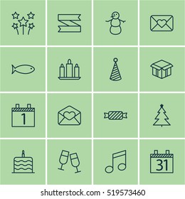 Set Of 16 Holiday Icons. Can Be Used For Web, Mobile, UI And Infographic Design. Includes Elements Such As Birthday, Date, Sweet And More.