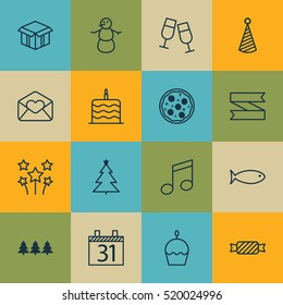 Set Of 16 Holiday Icons. Can Be Used For Web, Mobile, UI And Infographic Design. Includes Elements Such As Cupcake, Candy, Clink And More.