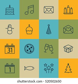 Set Of 16 Holiday Icons. Can Be Used For Web, Mobile, UI And Infographic Design. Includes Elements Such As Pizzeria, Glasses, Aquatic And More.