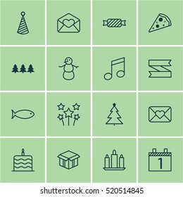 Set Of 16 Holiday Icons. Can Be Used For Web, Mobile, UI And Infographic Design. Includes Elements Such As Party, Agenda, Birthday And More.