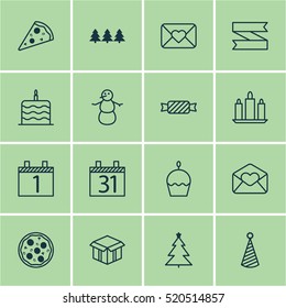 Set Of 16 Holiday Icons. Can Be Used For Web, Mobile, UI And Infographic Design. Includes Elements Such As Email, Xmas, Caramel And More.