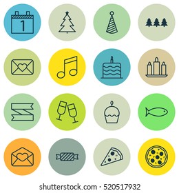 Set Of 16 Holiday Icons. Can Be Used For Web, Mobile, UI And Infographic Design. Includes Elements Such As Tree, Email, Clink And More.