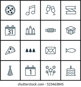 Set Of 16 Holiday Icons. Can Be Used For Web, Mobile, UI And Infographic Design. Includes Elements Such As Wax, Xmas, Date And More.