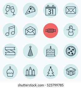 Set Of 16 Holiday Icons. Can Be Used For Web, Mobile, UI And Infographic Design. Includes Elements Such As Glasses, Tree, Celebration And More.