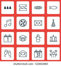 Set Of 16 Holiday Icons. Can Be Used For Web, Mobile, UI And Infographic Design. Includes Elements Such As Pizza, Love, Pizzeria And More.