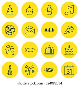 Set Of 16 Holiday Icons. Can Be Used For Web, Mobile, UI And Infographic Design. Includes Elements Such As Flame, Food, Musical And More.