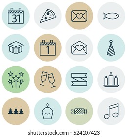 Set Of 16 Holiday Icons. Can Be Used For Web, Mobile, UI And Infographic Design. Includes Elements Such As Celebration, Love, Sweet And More.