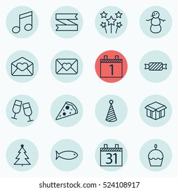 Set Of 16 Holiday Icons. Can Be Used For Web, Mobile, UI And Infographic Design. Includes Elements Such As Muffin, Piece, Cake And More.