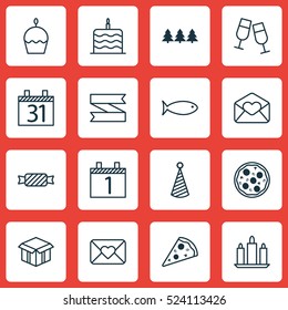 Set Of 16 Holiday Icons. Can Be Used For Web, Mobile, UI And Infographic Design. Includes Elements Such As Ribbon, Aquatic, Food And More.
