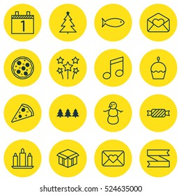 Set Of 16 Holiday Icons. Can Be Used For Web, Mobile, UI And Infographic Design. Includes Elements Such As Piece, Festive, Celebration And More.