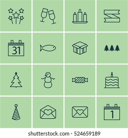 Set Of 16 Holiday Icons. Can Be Used For Web, Mobile, UI And Infographic Design. Includes Elements Such As Ribbon, Celebrate, Agenda And More.