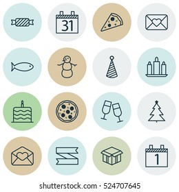 Set Of 16 Holiday Icons. Can Be Used For Web, Mobile, UI And Infographic Design. Includes Elements Such As Glasses, Celebrate, Flame And More.