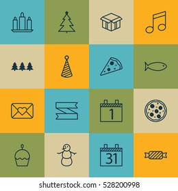 Set Of 16 Holiday Icons. Can Be Used For Web, Mobile, UI And Infographic Design. Includes Elements Such As Open Cardboard, Birthday Cake, Celebration Letter And More.