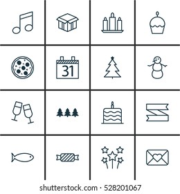 Set Of 16 Holiday Icons. Can Be Used For Web, Mobile, UI And Infographic Design. Includes Elements Such As Fishing, Champagne Glasses, Decorated Tree And More.