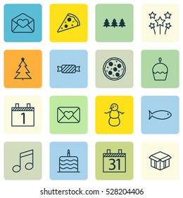 Set Of 16 Holiday Icons. Can Be Used For Web, Mobile, UI And Infographic Design. Includes Elements Such As Birthday Cake, Crotchets, Celebration Letter And More.