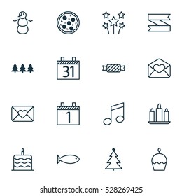 Set Of 16 Holiday Icons. Can Be Used For Web, Mobile, UI And Infographic Design. Includes Elements Such As Pizza Meal, Winter, Birthday Cake And More.