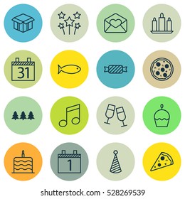 Set Of 16 Holiday Icons. Can Be Used For Web, Mobile, UI And Infographic Design. Includes Elements Such As Wax, Crotchets, Pizza Meal And More.