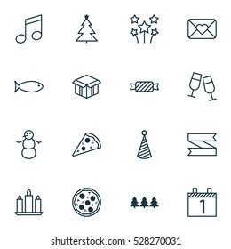 Set Of 16 Holiday Icons. Can Be Used For Web, Mobile, UI And Infographic Design. Includes Holiday Icons Elements Such As Decorated Tree, Sweet, Winter And More.