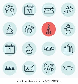 Set Of 16 Holiday Icons. Can Be Used For Web, Mobile, UI And Infographic Design. Includes Elements Such As Agenda, Celebration Letter, Festive Fireworks And More.