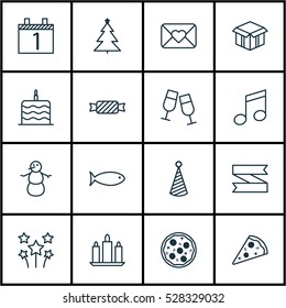 Set Of 16 Holiday Icons. Can Be Used For Web, Mobile, UI And Infographic Design. Includes Elements Such As Celebration Cake, Champagne Glasses, Sweet And More.