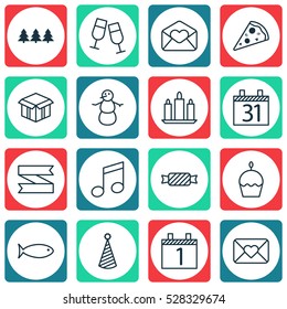 Set Of 16 Holiday Icons. Can Be Used For Web, Mobile, UI And Infographic Design. Includes Elements Such As Birthday Hat, Sweet, Champagne Glasses And More.