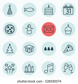 Set Of 16 Holiday Icons. Can Be Used For Web, Mobile, UI And Infographic Design. Includes Elements Such As Birthday Cake, Fishing, Winter And More.