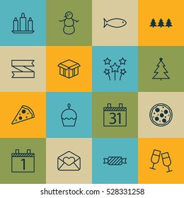 Set Of 16 Holiday Icons. Can Be Used For Web, Mobile, UI And Infographic Design. Includes Elements Such As Decorated Tree, Winter, Fishing And More.