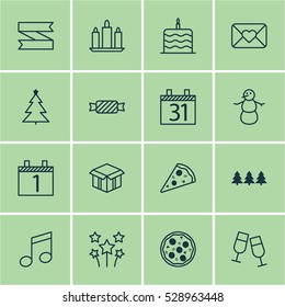 Set Of 16 Holiday Icons. Can Be Used For Web, Mobile, UI And Infographic Design. Includes Elements Such As Festive Fireworks, Open Cardboard, Blank Ribbon And More.