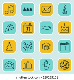 Set Of 16 Holiday Icons. Can Be Used For Web, Mobile, UI And Infographic Design. Includes Elements Such As Wax, Celebration Letter, Crotchets And More.