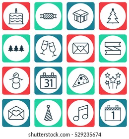 Set Of 16 Holiday Icons. Can Be Used For Web, Mobile, UI And Infographic Design. Includes Elements Such As Blank Ribbon, Holiday Ornament, Decorated Tree And More.