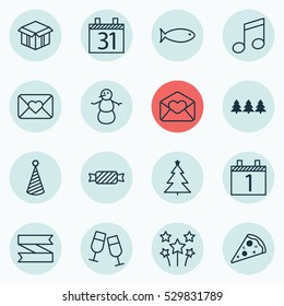 Set Of 16 Holiday Icons. Can Be Used For Web, Mobile, UI And Infographic Design. Includes Elements Such As Sliced Pizza, Sweet, Fishing And More.