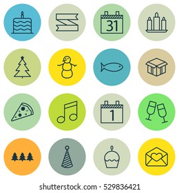 Set Of 16 Holiday Icons. Can Be Used For Web, Mobile, UI And Infographic Design. Includes Elements Such As Decorated Tree, Birthday Cake, Birthday Hat And More.