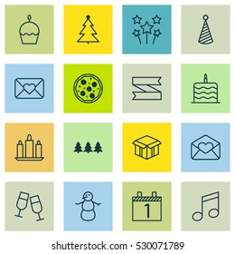 Set Of 16 Holiday Icons. Can Be Used For Web, Mobile, UI And Infographic Design. Includes Elements Such As Decorated Tree, Festive Fireworks, Agenda And More.