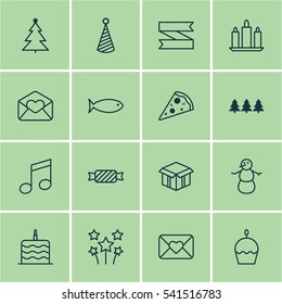 Set Of 16 Holiday Icons. Includes Winter, Holiday Ornament, Blank Ribbon And Other Symbols. Beautiful Design Elements.