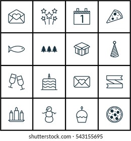 Set Of 16 Holiday Icons. Includes Holiday Ornament, Agenda, Wax And Other Symbols. Beautiful Design Elements.