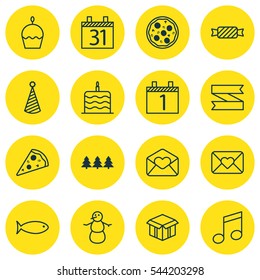 Set Of 16 Holiday Icons. Includes Winter, Open Cardboard, Celebration Cake And Other Symbols. Beautiful Design Elements.