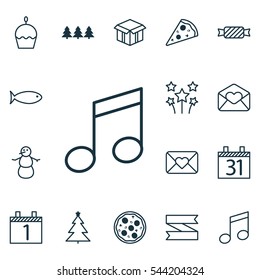 Set Of 16 Holiday Icons. Includes Date, Celebration Letter, Sweet And Other Symbols. Beautiful Design Elements.