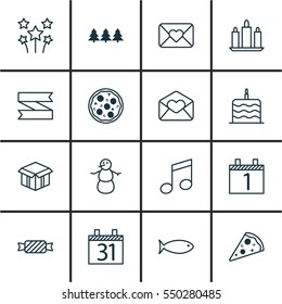 Set Of 16 Holiday Icons. Includes Date, Fishing, Sliced Pizza And Other Symbols. Beautiful Design Elements.