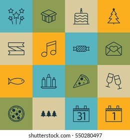 Set Of 16 Holiday Icons. Includes Greeting Email, Crotchets, Wax And Other Symbols. Beautiful Design Elements.