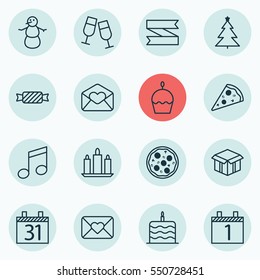 Set Of 16 Holiday Icons. Includes Champagne Glasses, Celebration Cake, Blank Ribbon And Other Symbols. Beautiful Design Elements.